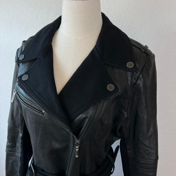 BCBGMAXAZRIA Johnna Long Moto Jacket Black Leather Wool Asymmetrical Zip Large - Picture 5 of 13